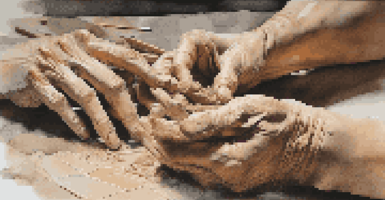 Close-up of an artist's hands sculpting clay, with tools and materials softly blurred in the background.