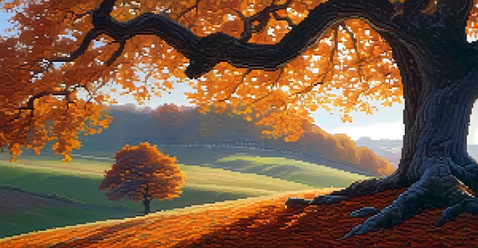 A picturesque autumn landscape showcasing an old oak tree with colorful leaves, illuminated by the warm glow of sunset.