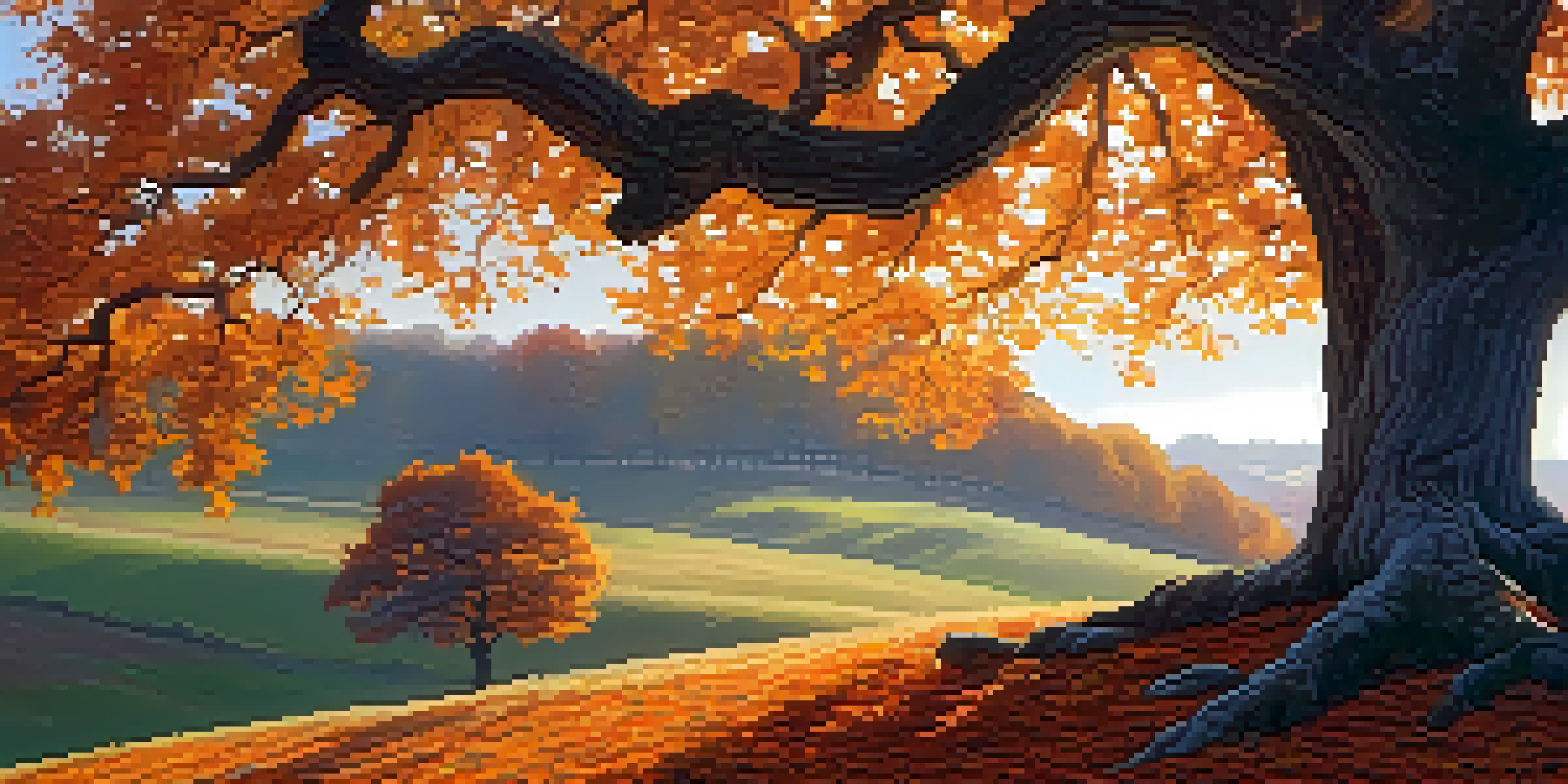 A picturesque autumn landscape showcasing an old oak tree with colorful leaves, illuminated by the warm glow of sunset.