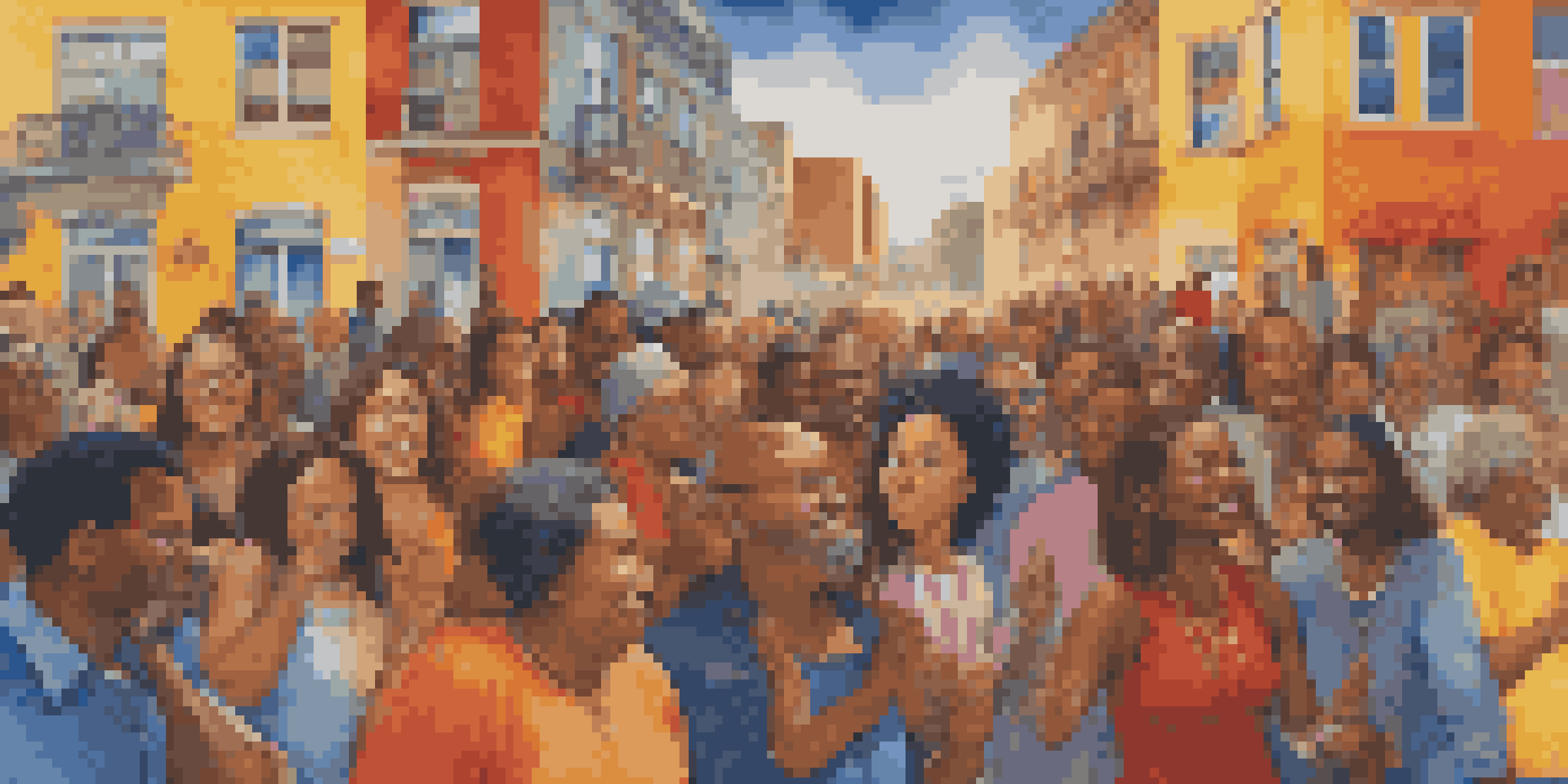 A colorful mural showing diverse individuals discussing social justice in an urban setting under sunlight.