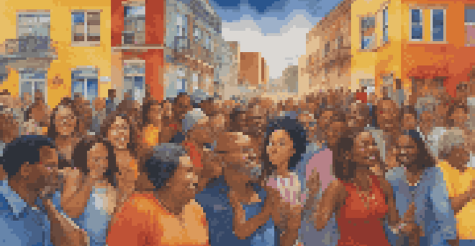 A colorful mural showing diverse individuals discussing social justice in an urban setting under sunlight.