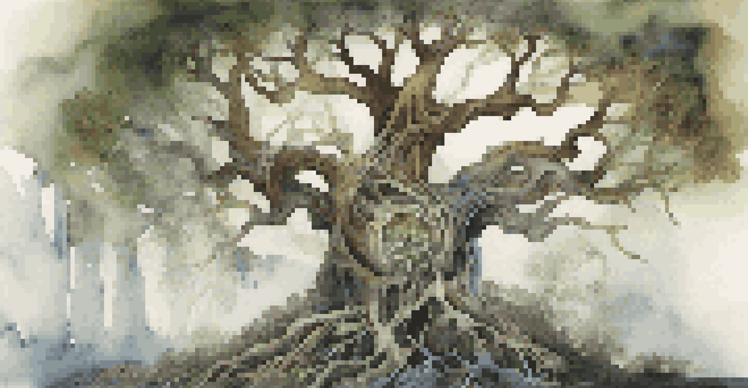 A large sculpture of Yggdrasil, the World Tree, blending traditional and modern materials, illuminated by soft ambient light.