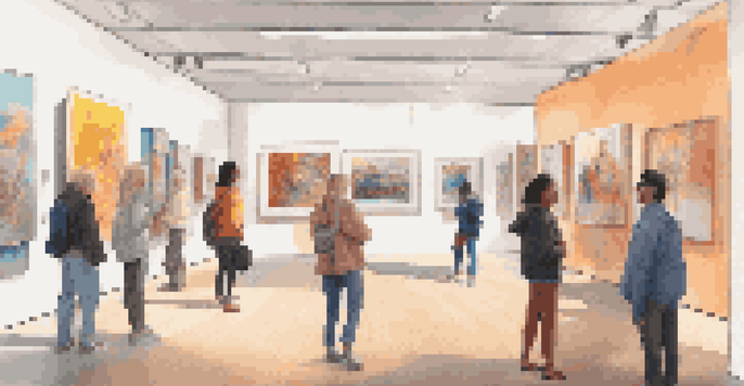 A digital art gallery filled with diverse artworks and visitors, engaging with the installations in a colorful and inviting environment.