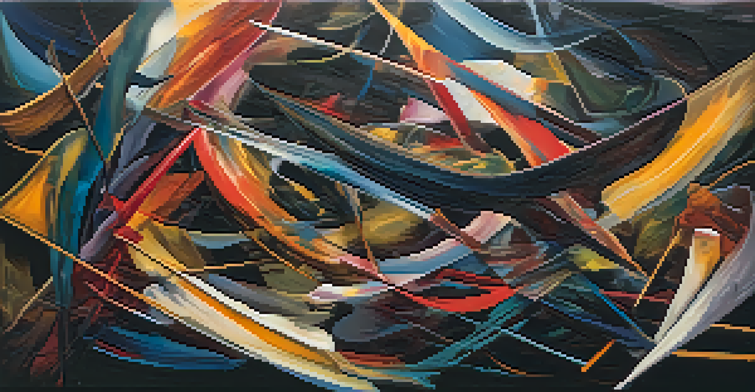An abstract painting with chaotic shapes and dark colors contrasted with bright hues, representing emotional turmoil.