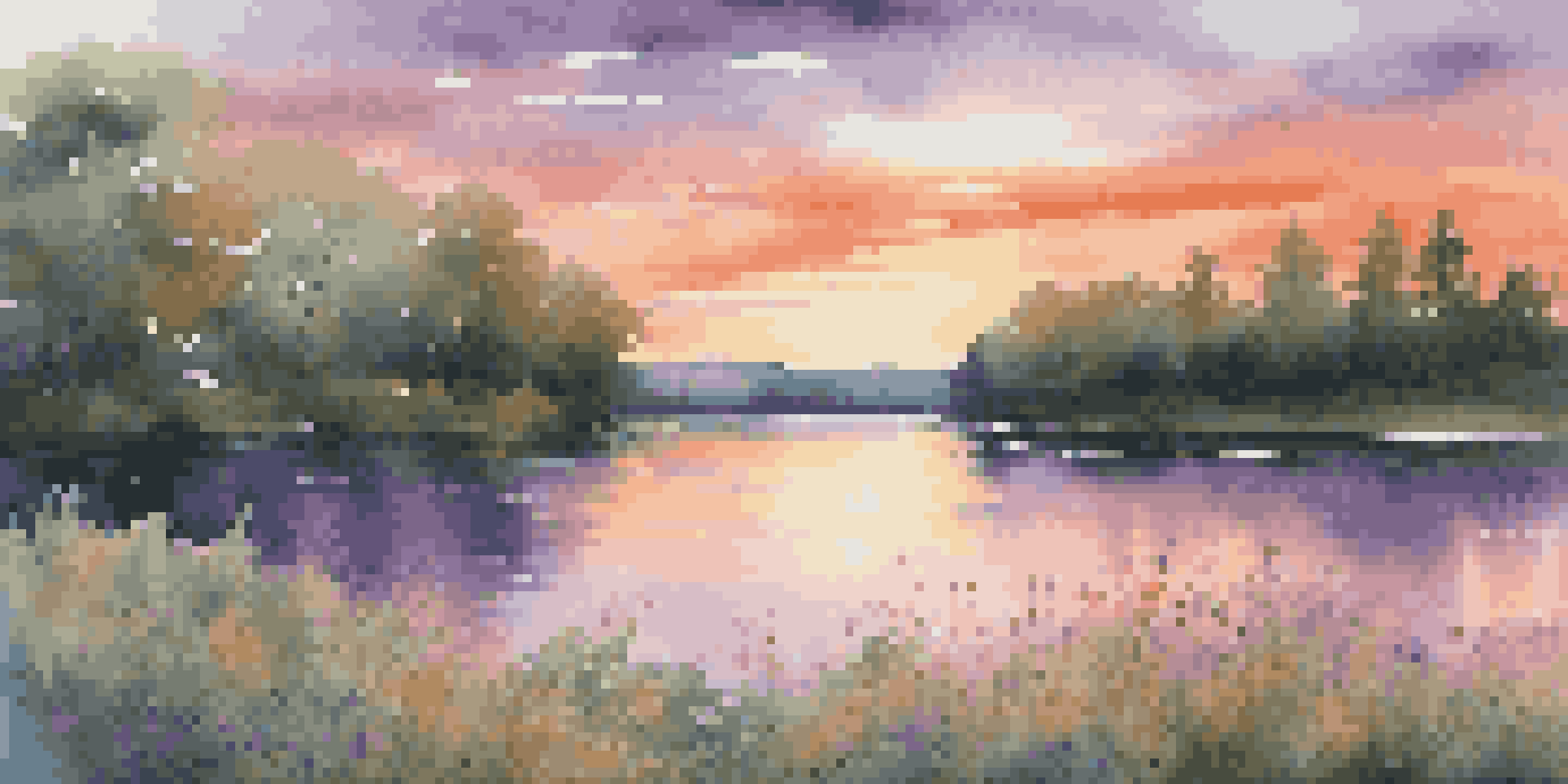 A picturesque sunset over a calm lake, surrounded by greenery and wildflowers, with colorful reflections in the water.