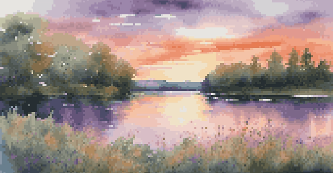 A picturesque sunset over a calm lake, surrounded by greenery and wildflowers, with colorful reflections in the water.