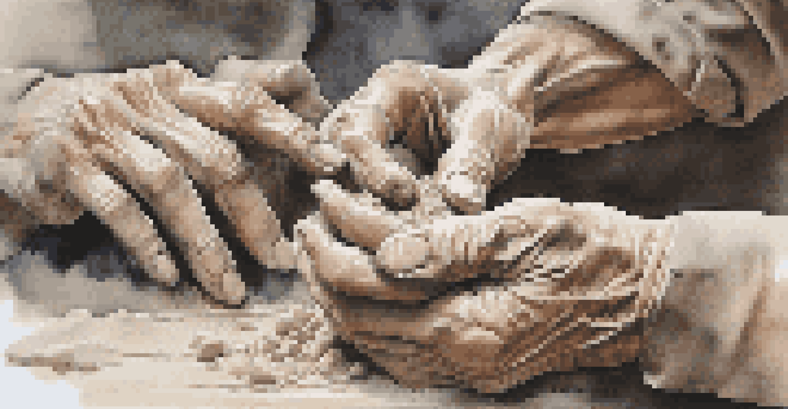A close-up of hands working with clay, highlighting the textures of the material and the focused movements of the sculptor, with a blurred background.