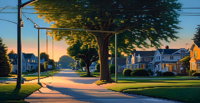 A peaceful suburban street at dusk with empty sidewalks and a swinging swing.