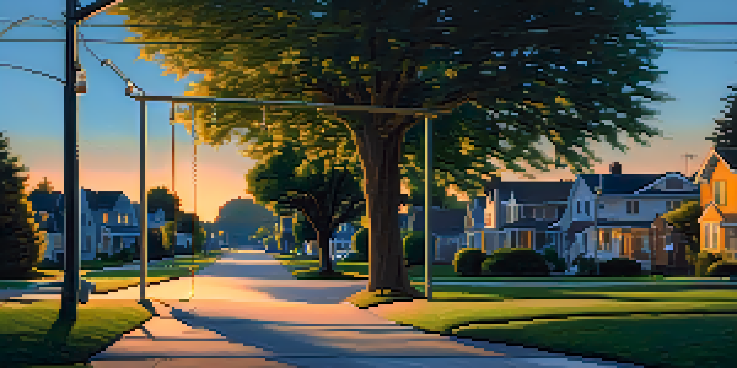A peaceful suburban street at dusk with empty sidewalks and a swinging swing.