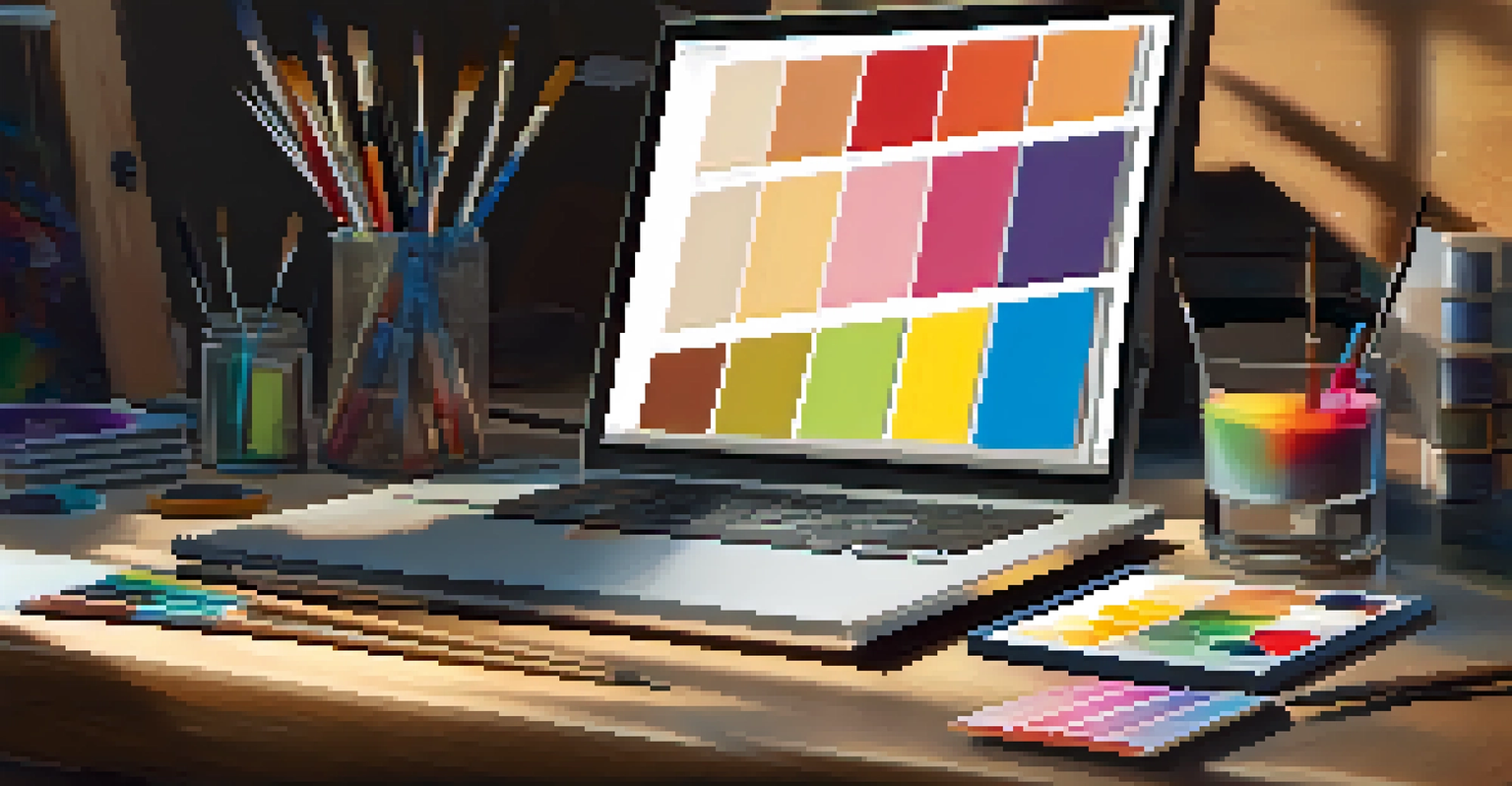An artist's workspace featuring a graphics tablet, stylus, and colorful paint swatches on a wooden table.