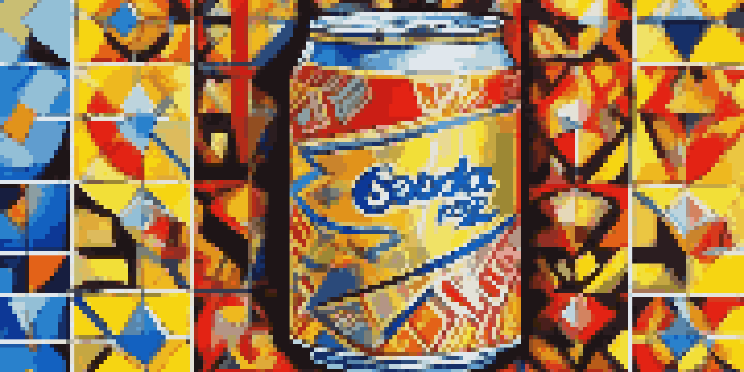 A colorful pop art image showcasing a vintage soda can with geometric shapes in the background.