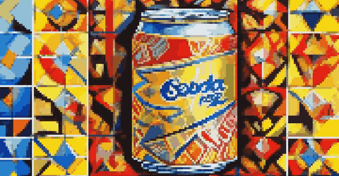 A colorful pop art image showcasing a vintage soda can with geometric shapes in the background.
