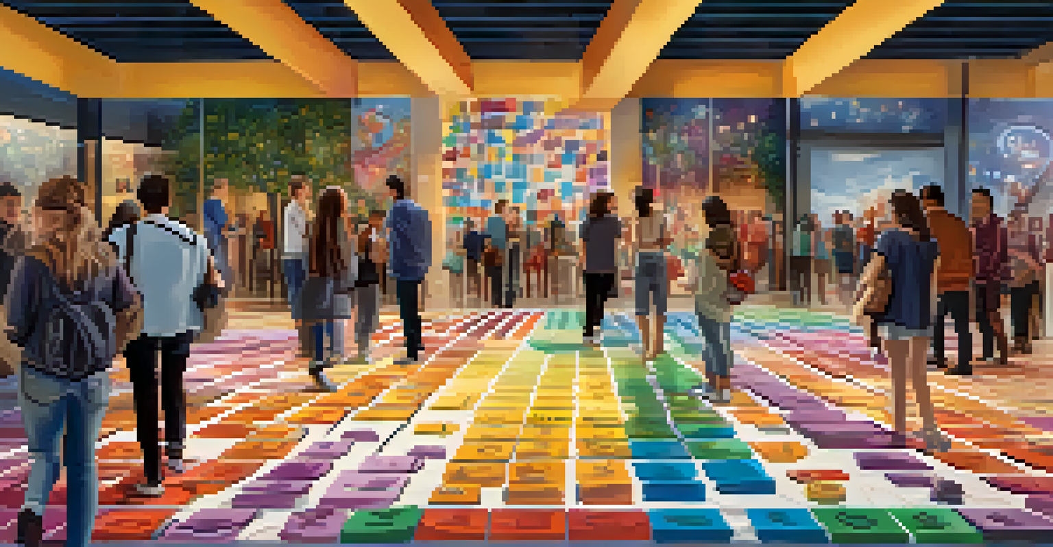 An interactive musical tile installation with visitors stepping on colorful tiles to create sound, filled with laughter and joy.