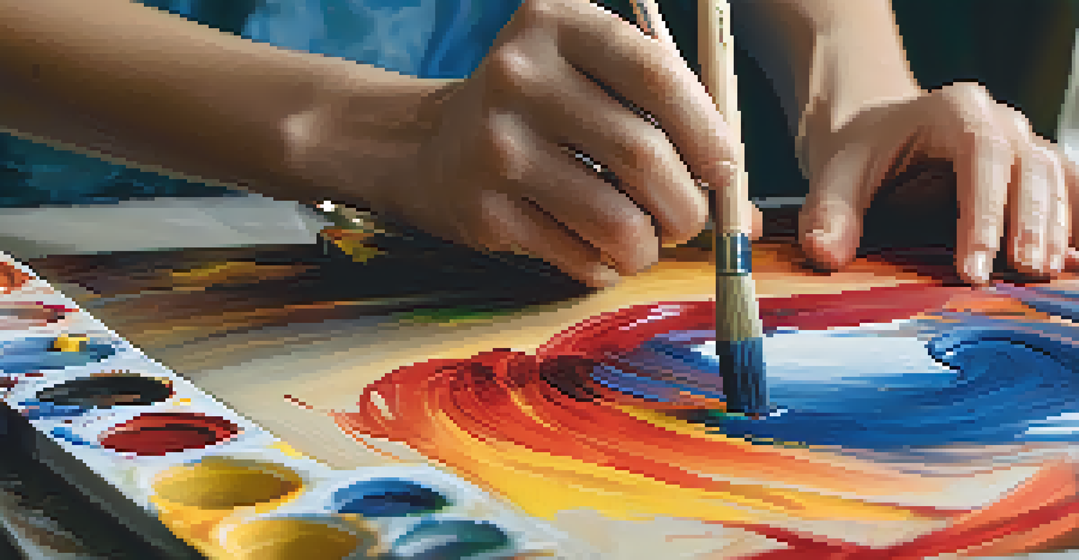 A close-up of an artist's hands covered in paint, blending colors on a canvas to create a vibrant landscape, highlighting the art-making process.