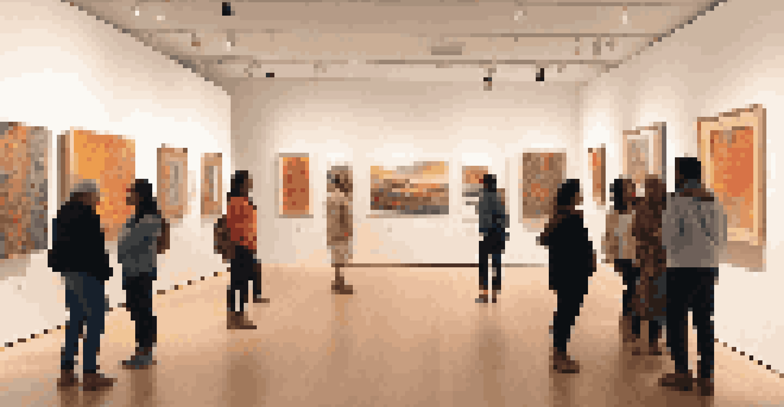 A contemporary indigenous art exhibition in a spacious gallery with bold abstract paintings on the walls and visitors admiring the artworks.