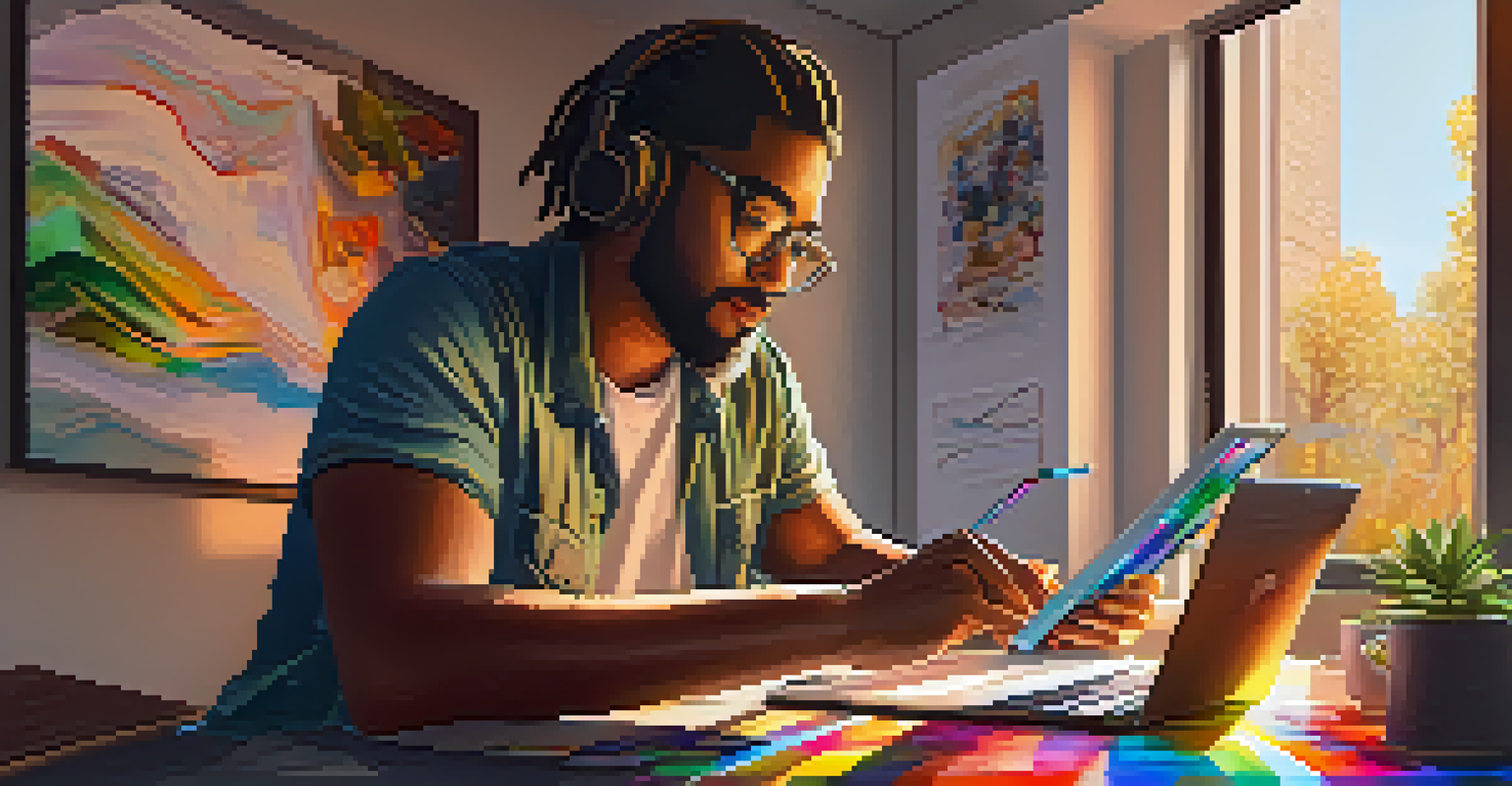 An artist creating NFT artwork on a tablet in a bright workspace.