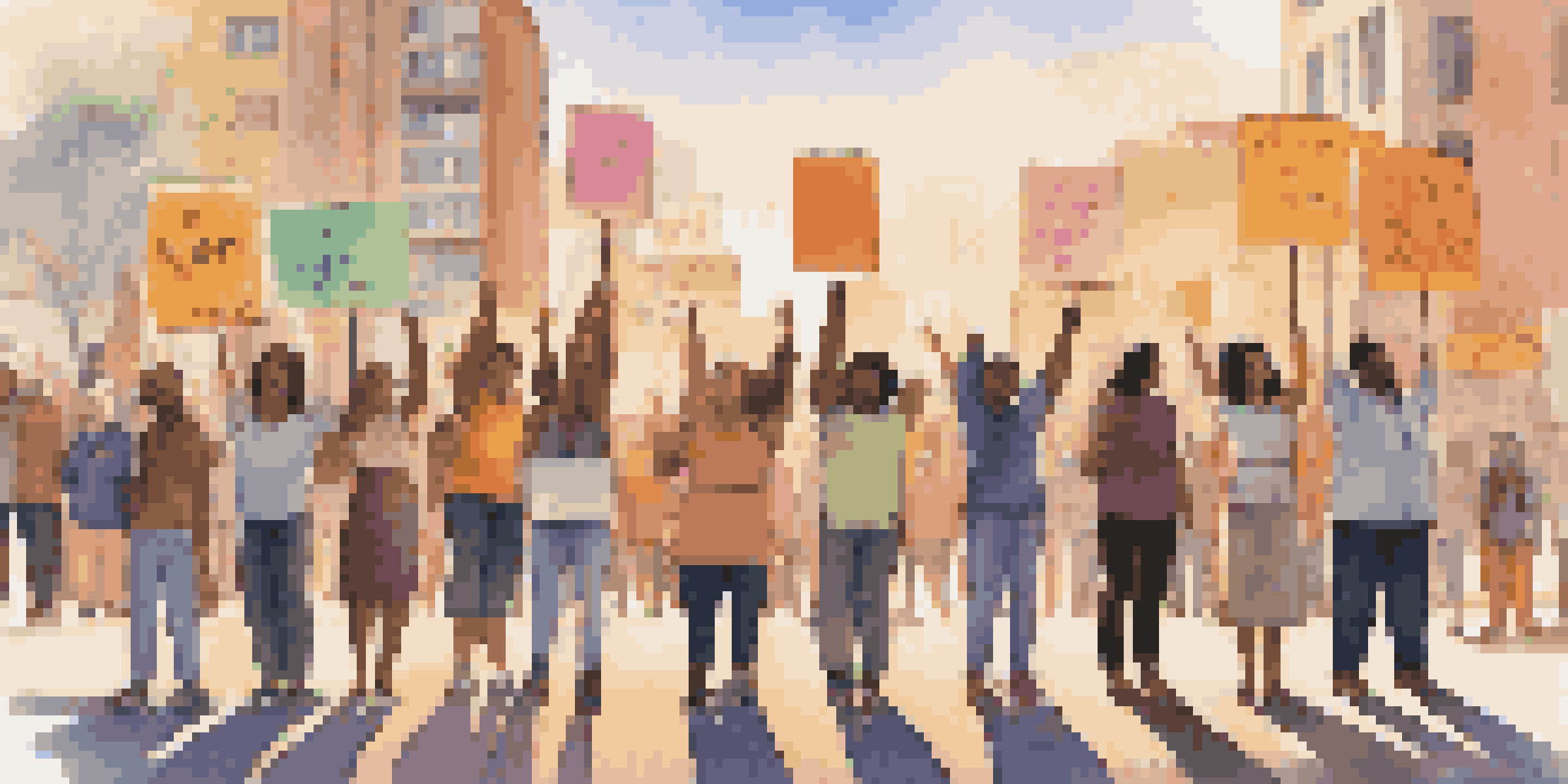 A diverse group of individuals standing together with colorful protest signs during sunset, symbolizing unity and hope.