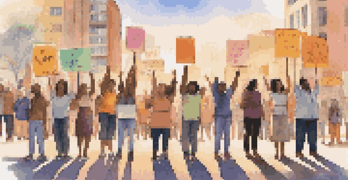 A diverse group of individuals standing together with colorful protest signs during sunset, symbolizing unity and hope.