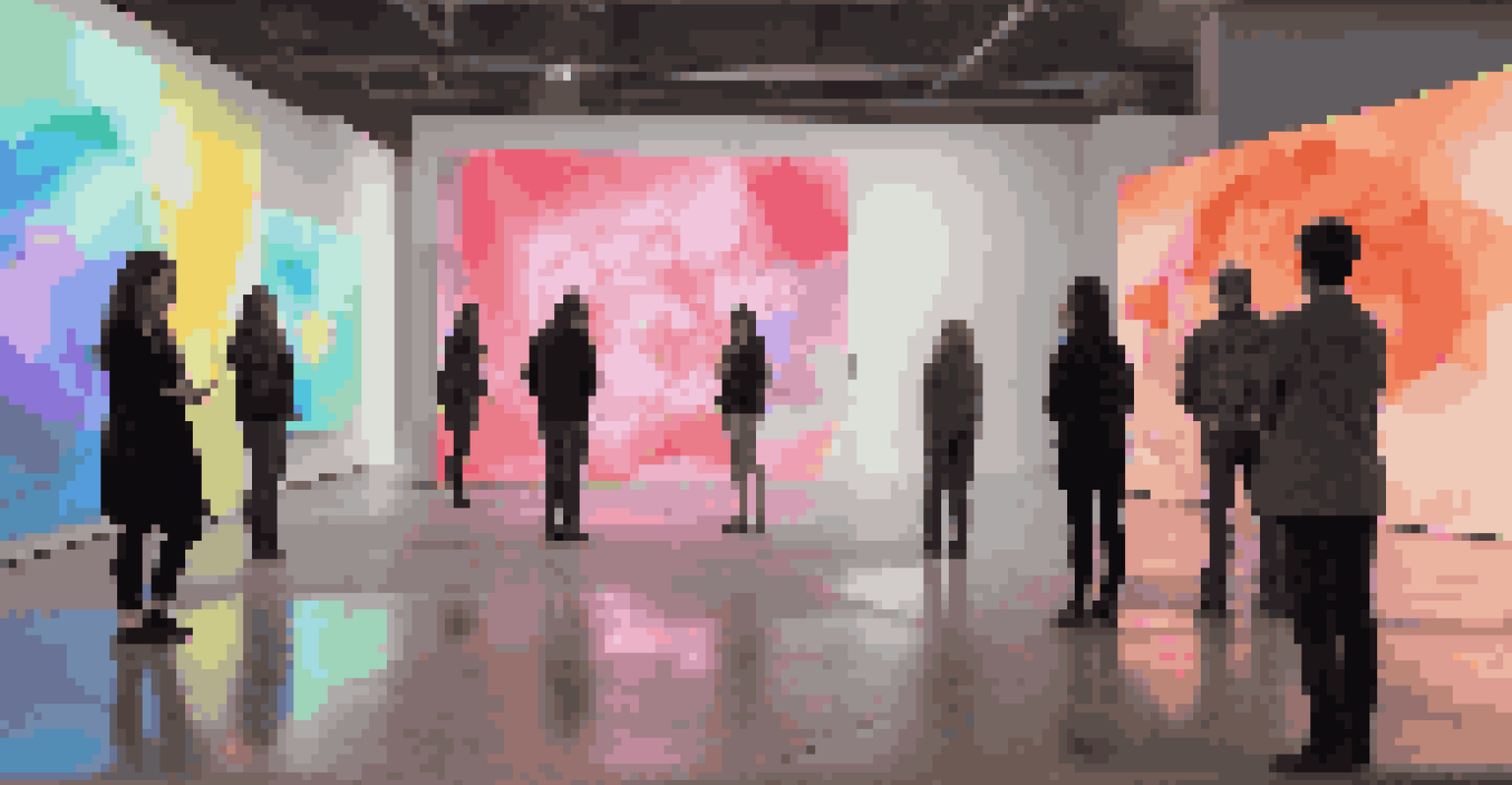 A gallery showcasing dynamic generative art installations with colorful projections and visitors interacting with the displays.