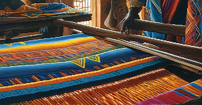 A colorful West African textile pattern displayed on a loom in a workshop, with artisans creating in the background.