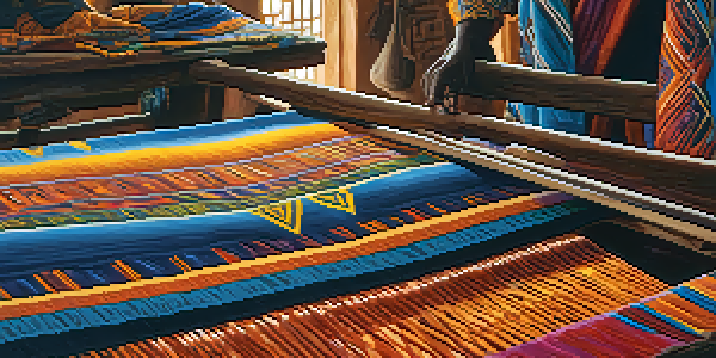 A colorful West African textile pattern displayed on a loom in a workshop, with artisans creating in the background.