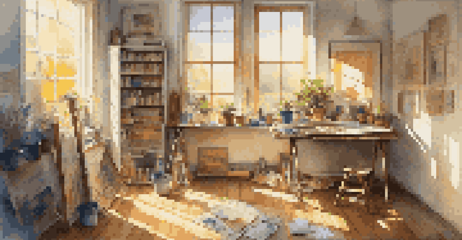 An artist's studio with sunlight illuminating art supplies and an abstract painting on the wall.