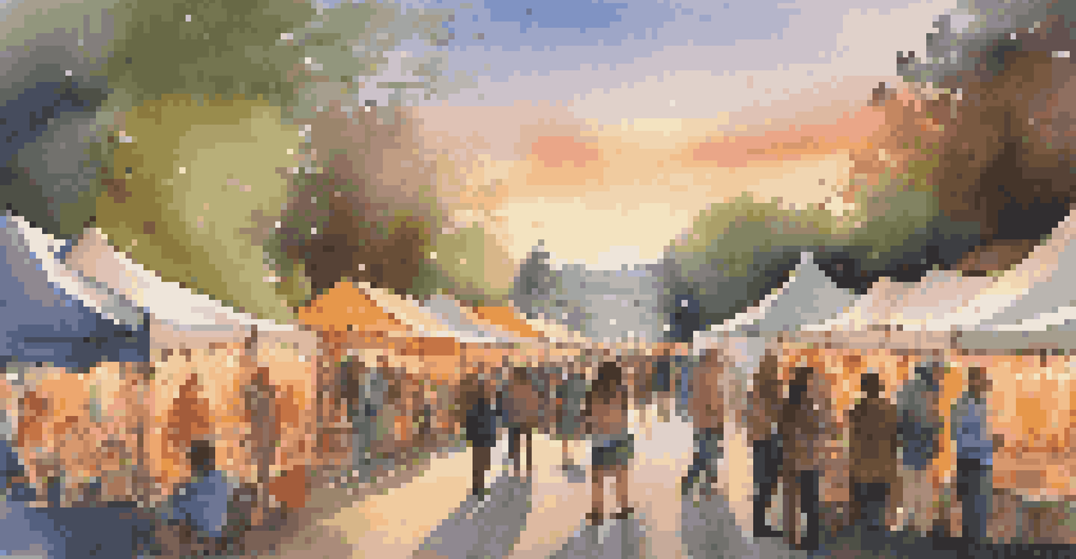 An outdoor art festival with colorful tents and people admiring various artworks.