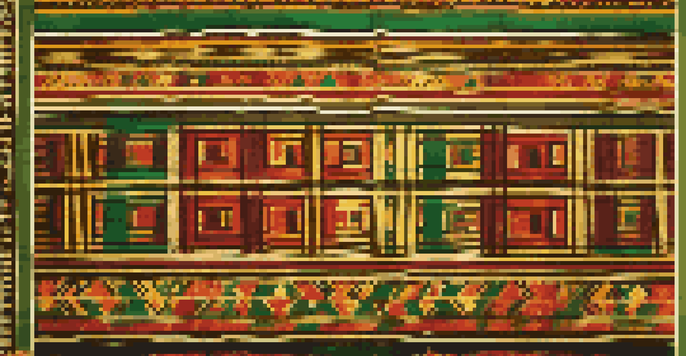 A colorful African kente cloth pattern displayed on a wooden loom, highlighting intricate designs and textures.