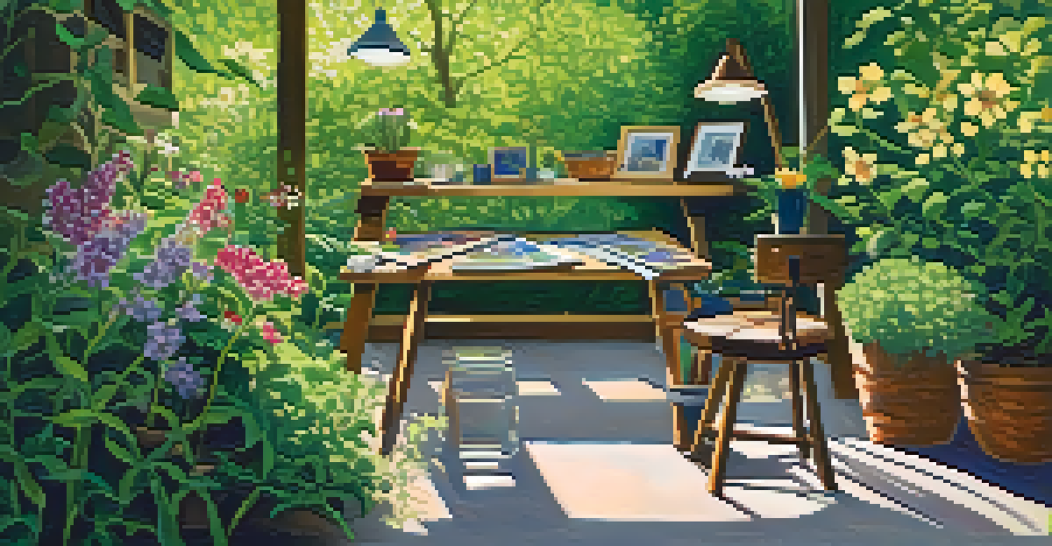 An outdoor scene of an artist painting in a garden with vibrant flowers, using gouache paints on a canvas.