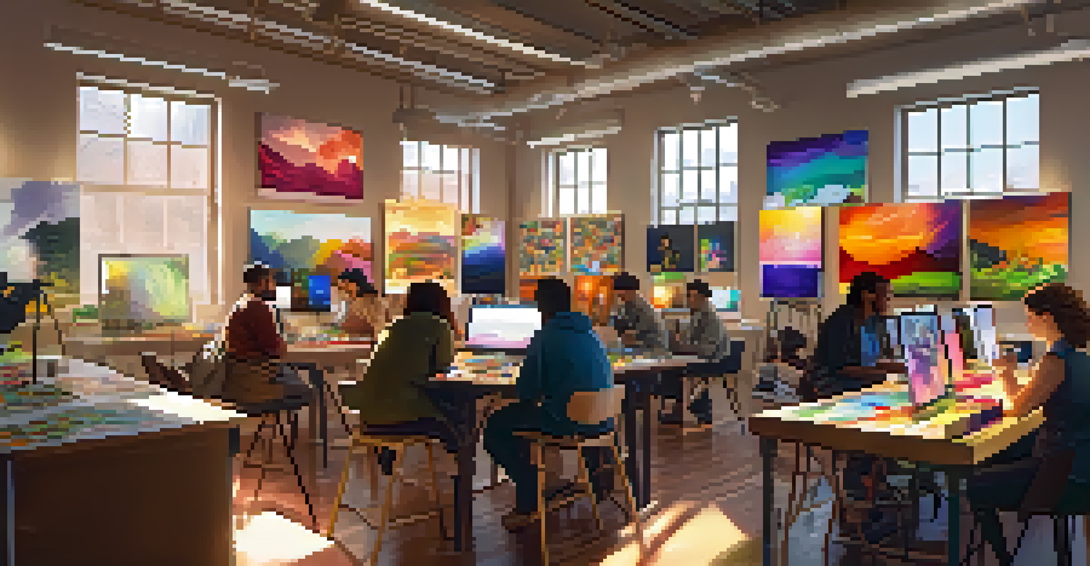 A community workshop with diverse participants learning digital art, surrounded by colorful supplies and illuminated by sunlight from large windows.