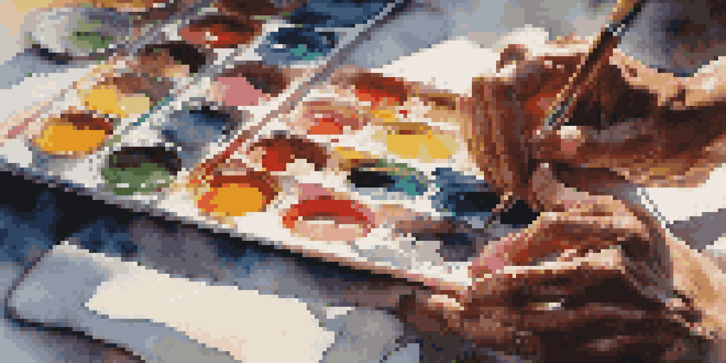 An artist's hands painting on a canvas with colorful paints and tubes around, illuminated by sunlight.