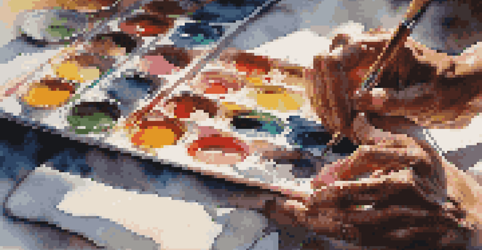 An artist's hands painting on a canvas with colorful paints and tubes around, illuminated by sunlight.