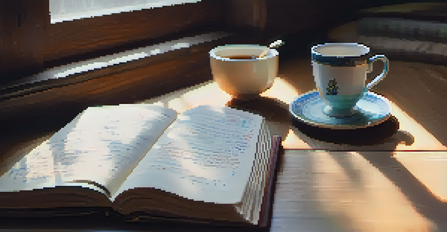 A close-up of an open journal with handwritten notes and sketches, a cup of tea beside it, illuminated by soft sunlight.