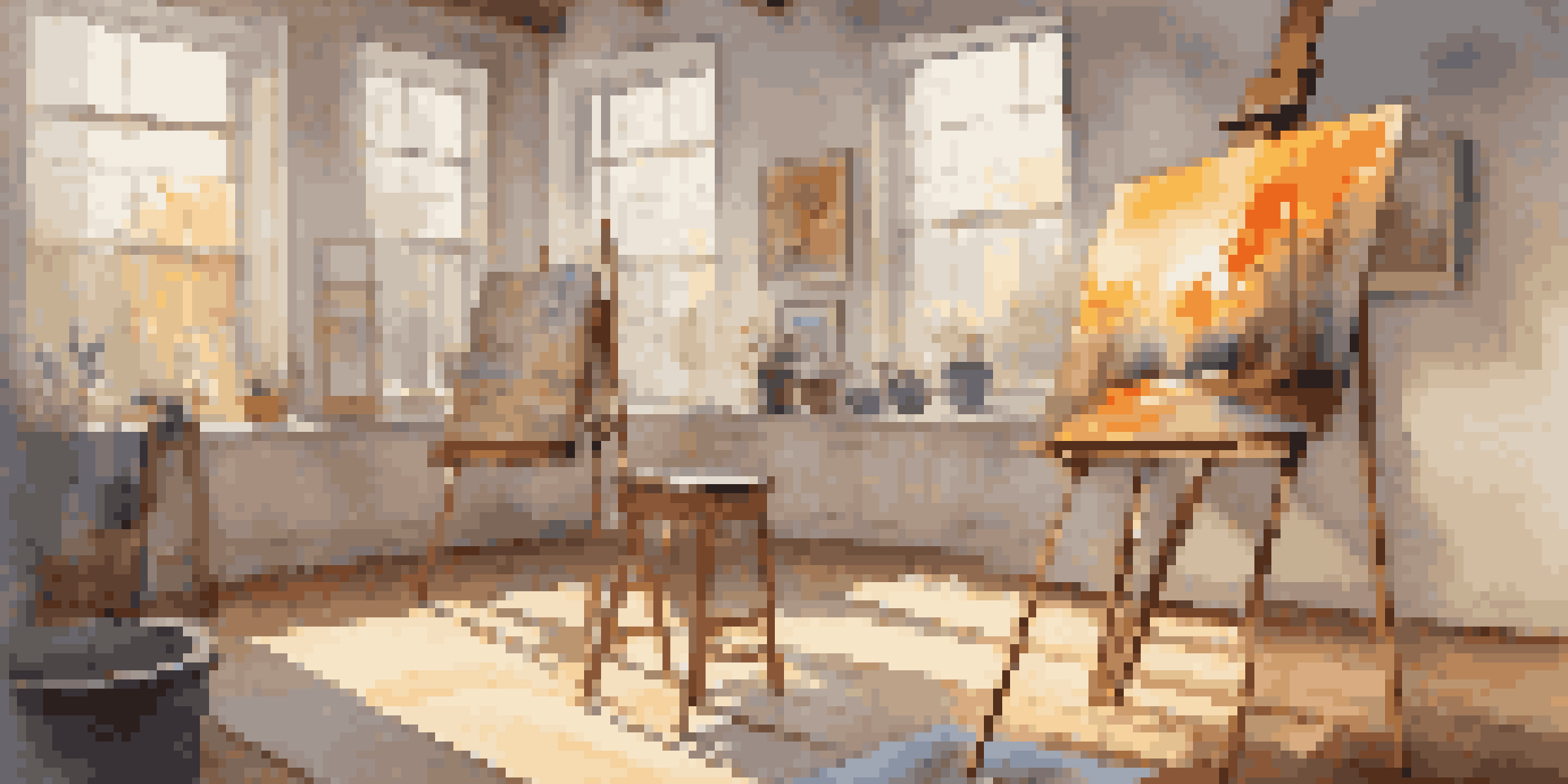 A bright and inviting art studio with an easel, abstract painting, and colorful artworks on the walls.