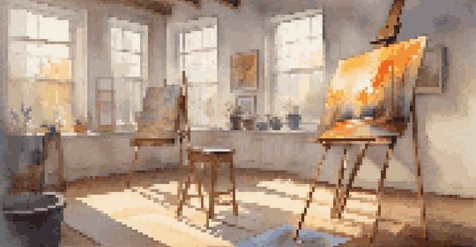 A bright and inviting art studio with an easel, abstract painting, and colorful artworks on the walls.