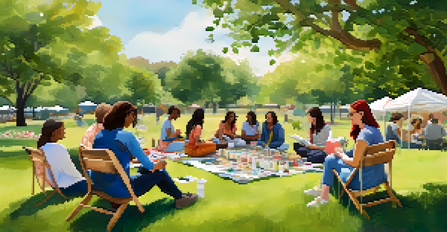 A peaceful outdoor art therapy workshop in a park, with participants creating art on picnic blankets surrounded by nature.