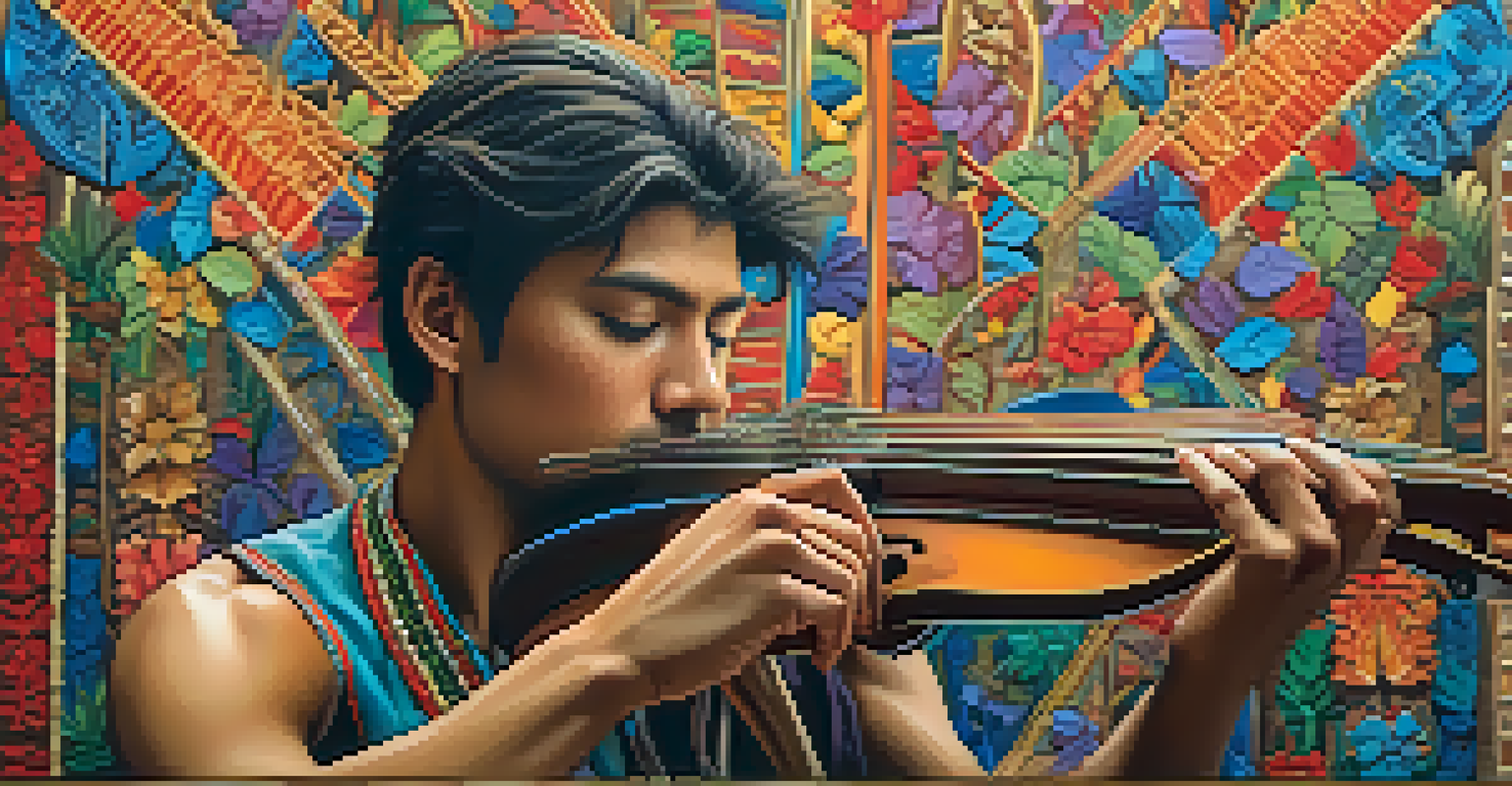 A musician playing a traditional instrument surrounded by colorful cultural decorations, with soft lighting emphasizing the details.