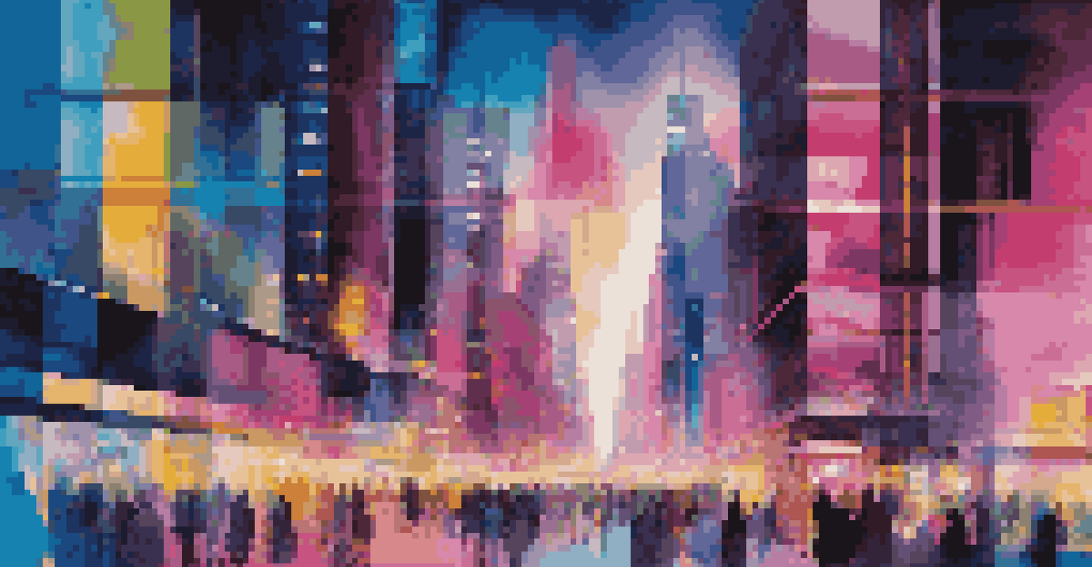 An abstract digital collage of a vibrant city at night, showcasing neon lights and geometric shapes.