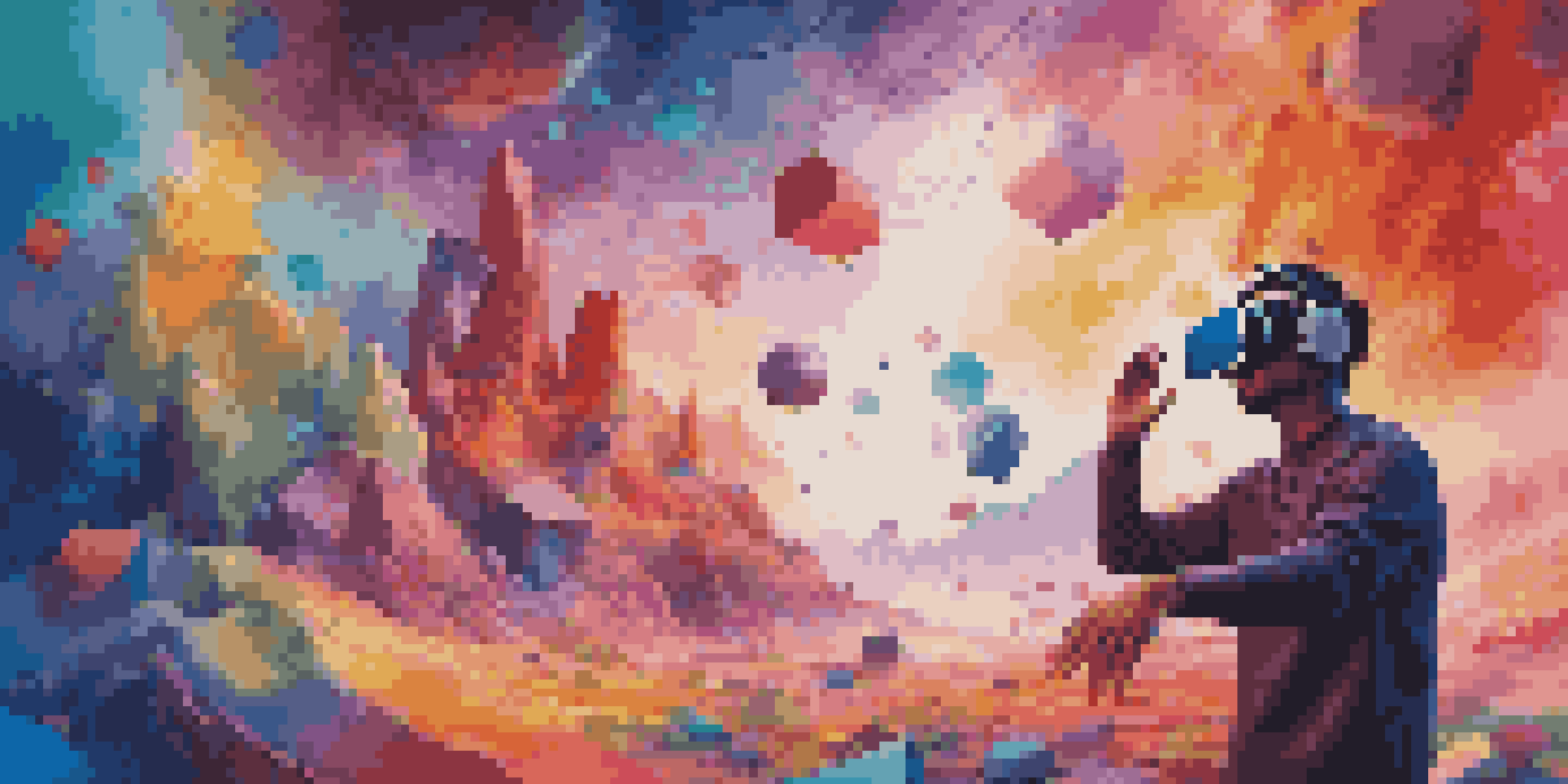 An artist in a virtual reality environment, wearing a headset and interacting with colorful 3D shapes.
