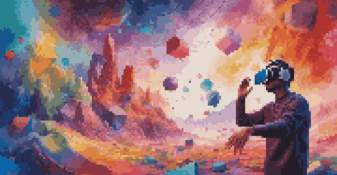 An artist in a virtual reality environment, wearing a headset and interacting with colorful 3D shapes.