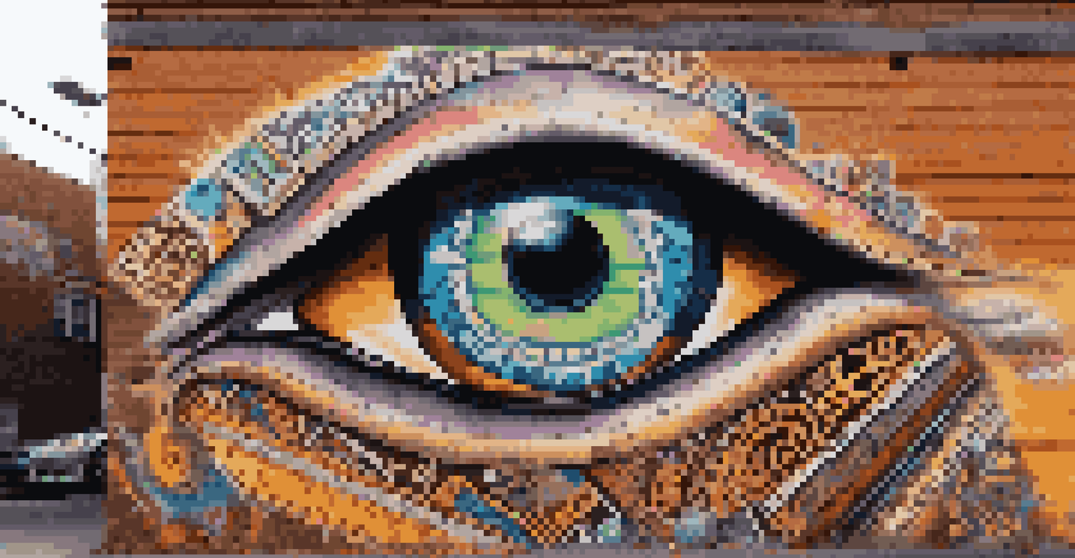 A colorful street mural of a giant eye surrounded by patterns, representing surveillance, painted on a brick wall.