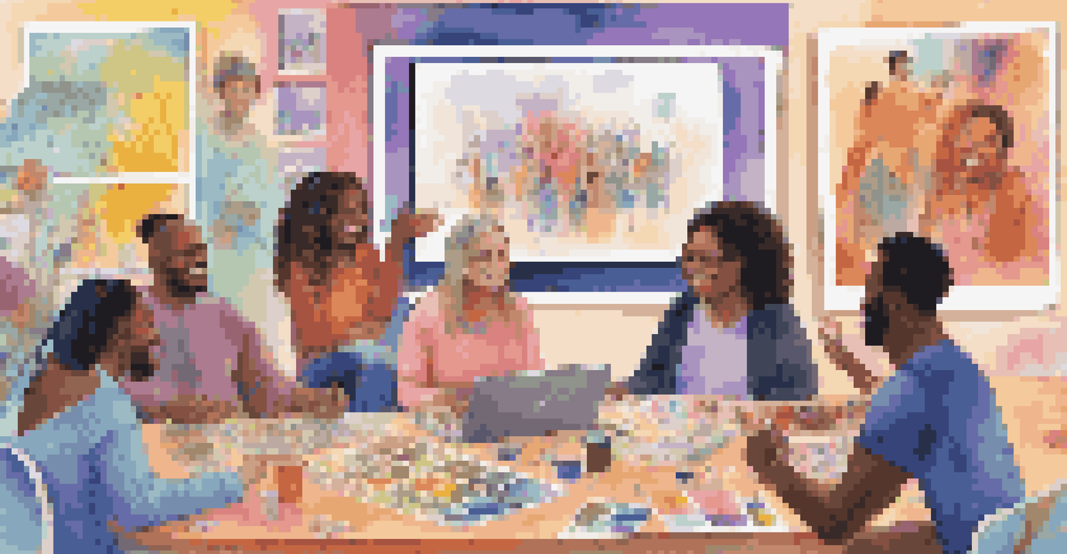 A virtual art therapy session with diverse individuals sharing their digital art, showcasing joy and connection.