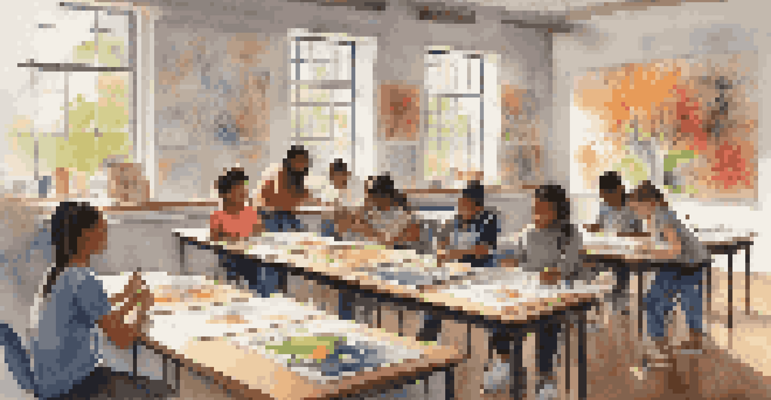 A classroom filled with young students engaged in an art workshop, surrounded by colorful artwork and bright sunlight.