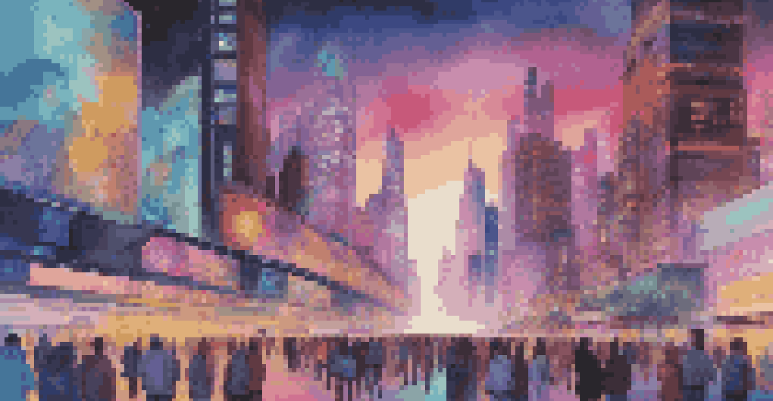 A futuristic city with augmented reality art installations promoting activism, featuring diverse people interacting with technology.