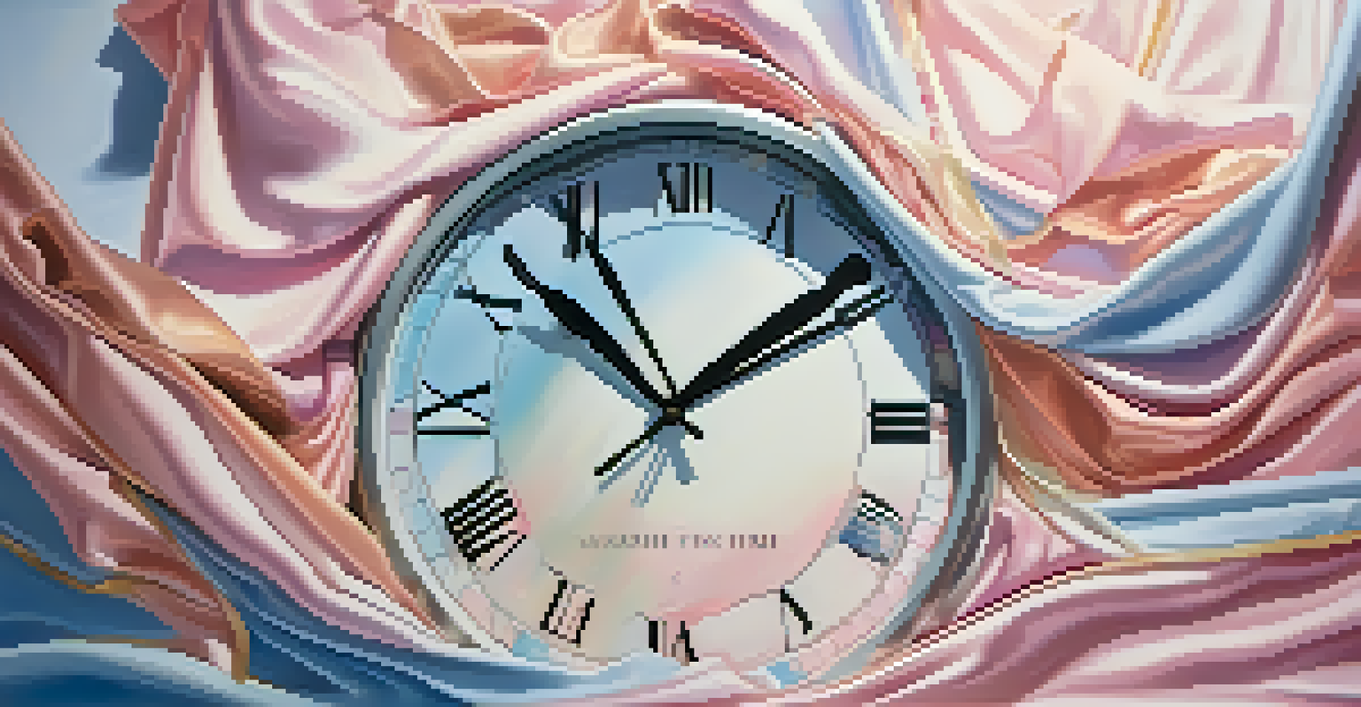 An abstract representation of time with a melting clock and flowing fabric, set in soft pastel colors.