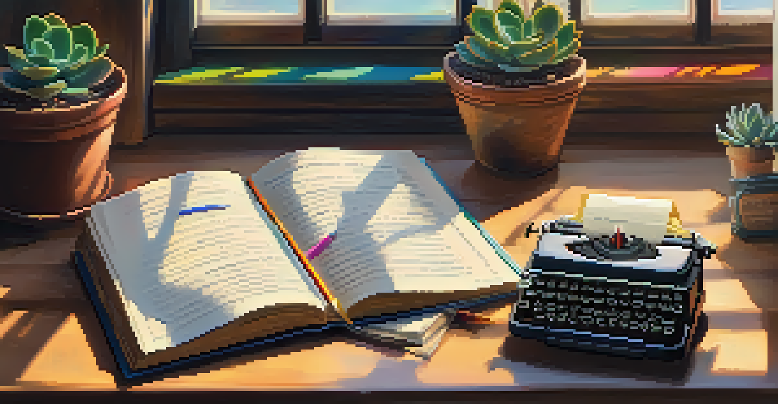 An open journal with handwritten poetry, colorful pens, a potted plant, and a vintage typewriter on a wooden table, illuminated by soft sunlight.
