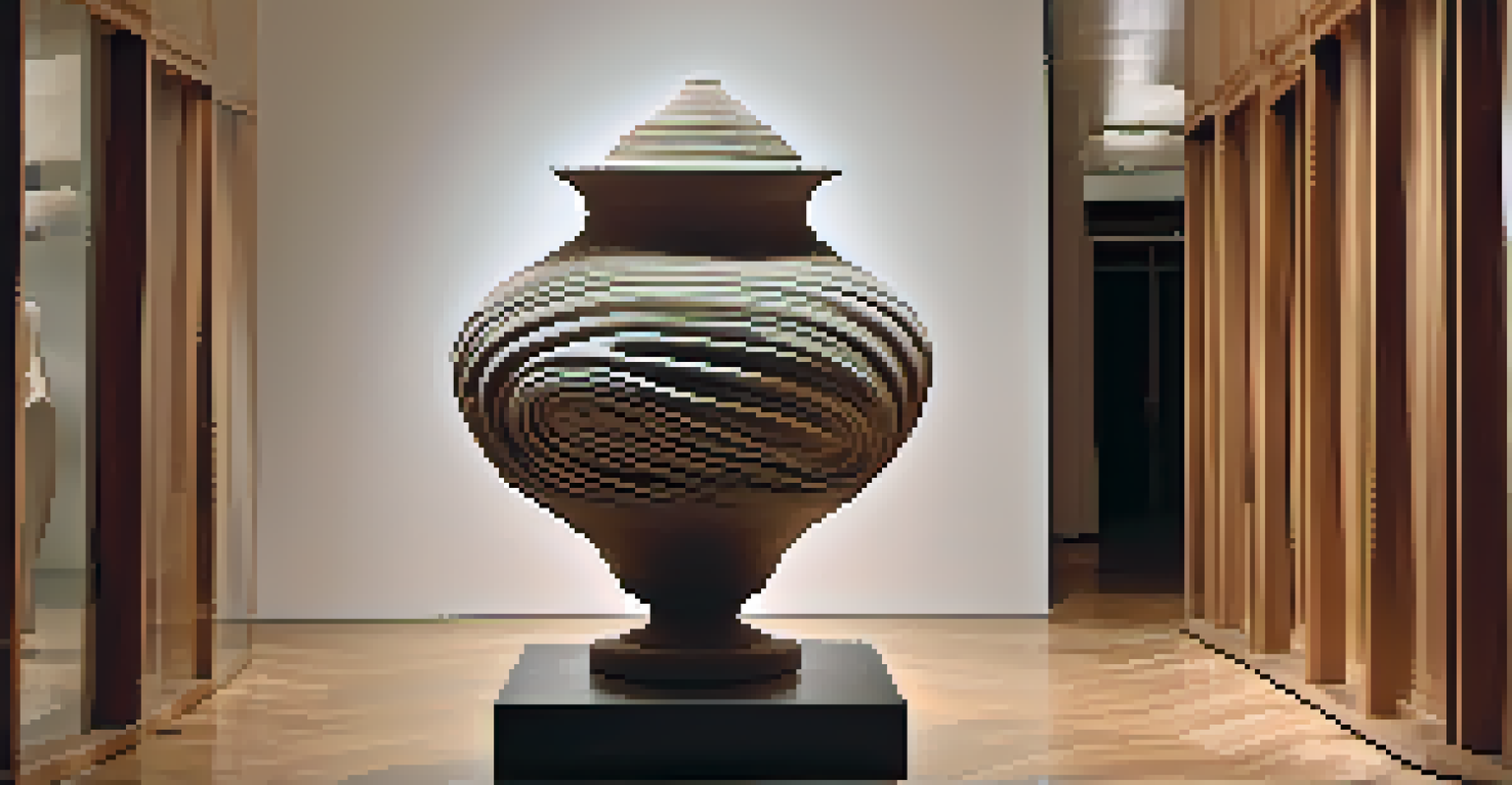 A textured clay sculpture with a glossy finish, resembling flowing water, displayed on a wooden pedestal in a gallery.
