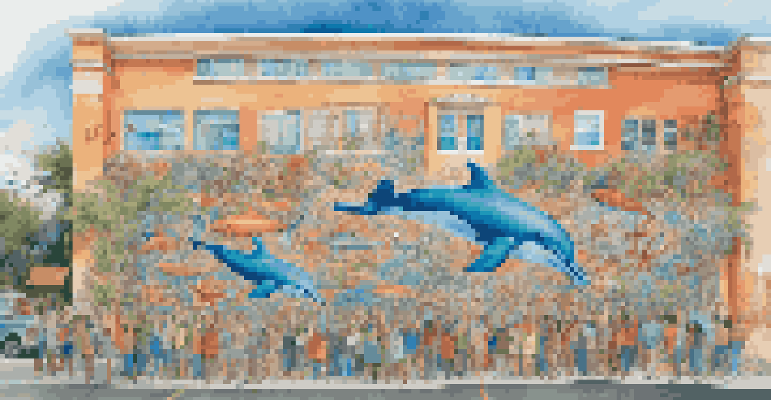 A community mural of ocean life being painted by local artists on a building.