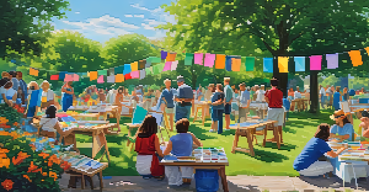 An outdoor community art workshop in a park where people of all ages are creating art together, surrounded by nature and colorful decorations.