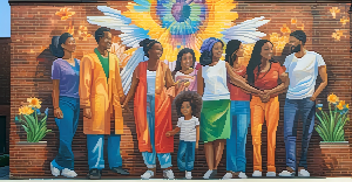 A colorful street mural showing diverse individuals holding hands in unity, surrounded by flowers and peace symbols.
